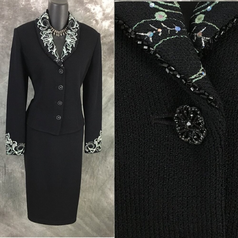 BEAUTIFUL St John evening knit black rhinestones embellished skirt suit 8